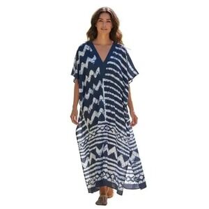 NWT Echo Tali Maxi Caftan Size M/L Navy Blue White Cotton Coverup Beach Boho